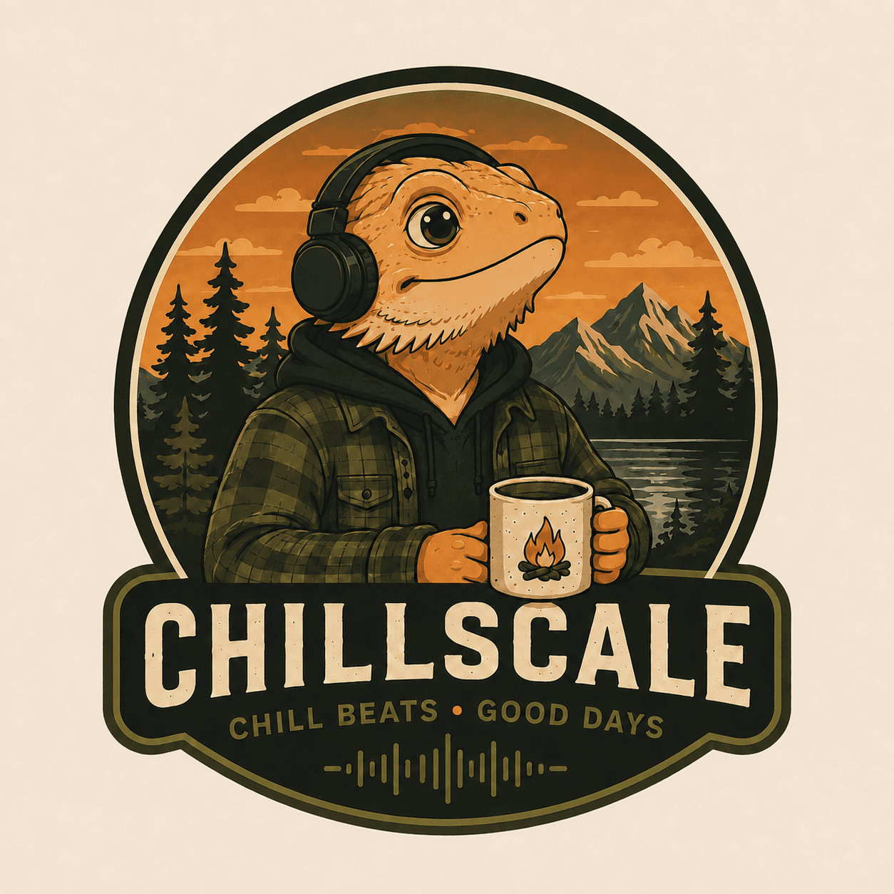 Chillscale — a headphone-wearing bearded dragon holding a campfire mug in the mountains